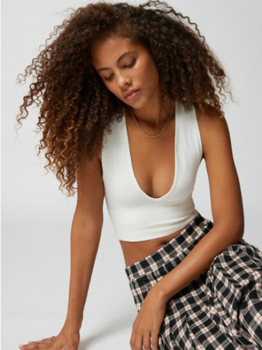 Urban Outfitters Cream Ribbed Deep V Cropped Tank